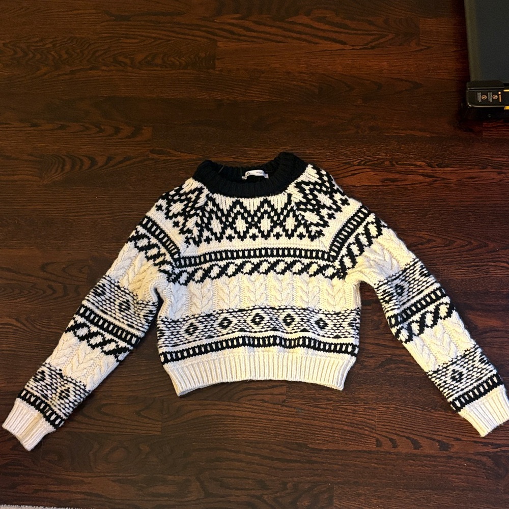 Zara Black and Cream Fair Isle Cable Knit Sweater